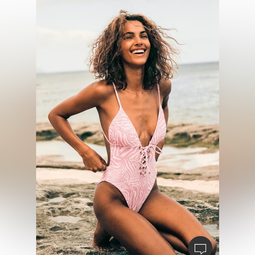 Zora blush zebra print lace up backless swimsuit (NWOT) size L